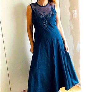 Tower Hill Collection- Denim midi dress, crochet inset, hangs beautifully